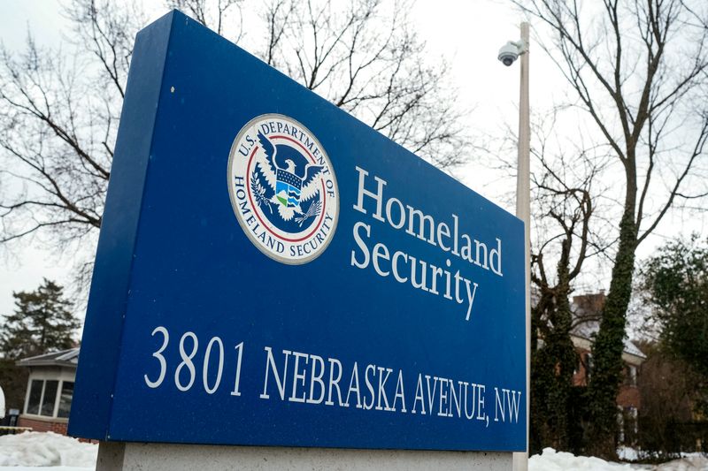 FILE PHOTO: A view of the sign in front of US Homeland Security Department on Nebraska Avenue in Washington, D.C., U.S. February 15, 2026. REUTERS/Ken Cedeno/File Photo