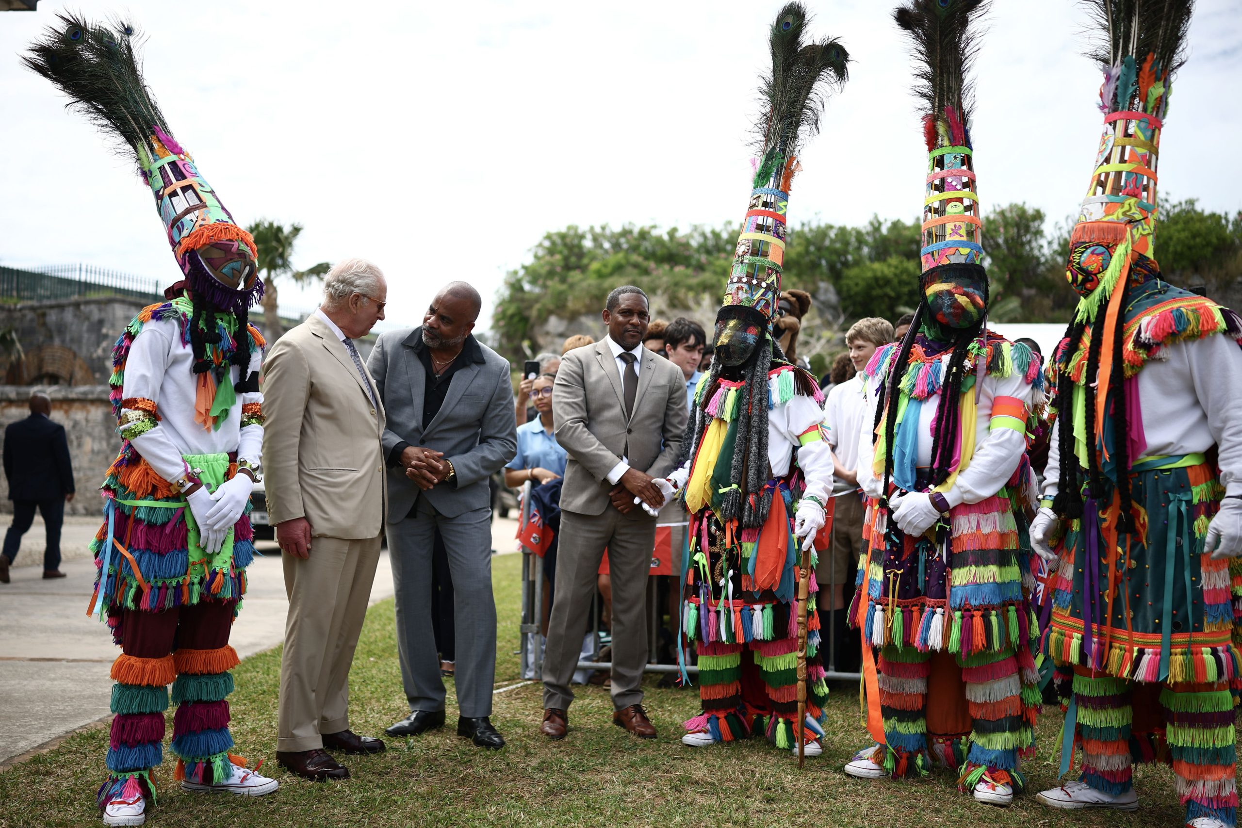 Charles meets members of the National Gombey Dance Troupe (Henry Nicholls/PA) (PA Wire)