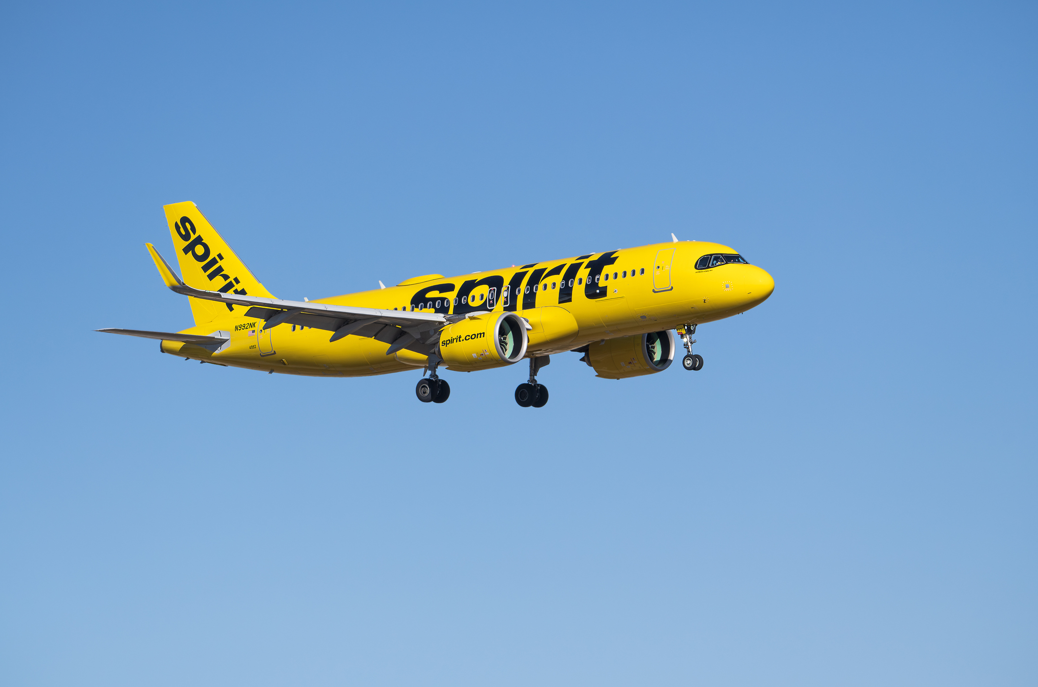 Spirit Airlines aircraft Airbus A320-271N airborne over Dallas Fort Worth International Airport (DFW), blue skies.
