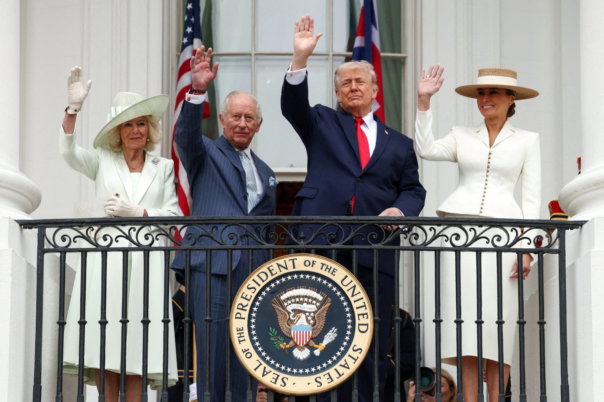 US President Donald Trump, Britain's King Charles, Queen Camilla and US first lady Melania Trump wave from a balcony at the White House on Tuesday. Photo: Reuters