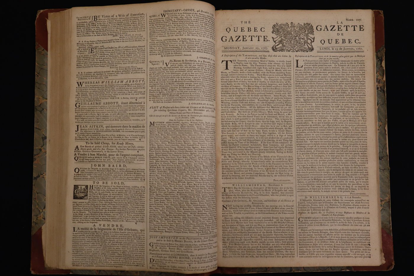 A bound volume of the Quebec Gazette (Gazette de Quebec), with issues from 1766 to 1767 is shown in an undated handout photo. This volume received new leather binding in the mid-20th century. THE CANADIAN PRESS/Handout - Library of Parliament (Mandatory Credit)