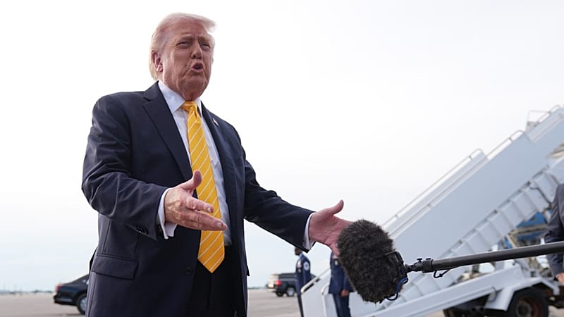 US President Donald Trump talks to reporters before he boards Air Force One at Palm Beach International Airport in Florida, en route to Miami, Saturday May 2, 2026