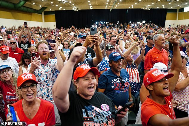 Supporters of President Donald Trump gathered Friday at the Villages Charter School at the Villages, Florida for Trump's first public event since a gunman tried to run through security at Saturday's White House Correspondents' Dinner