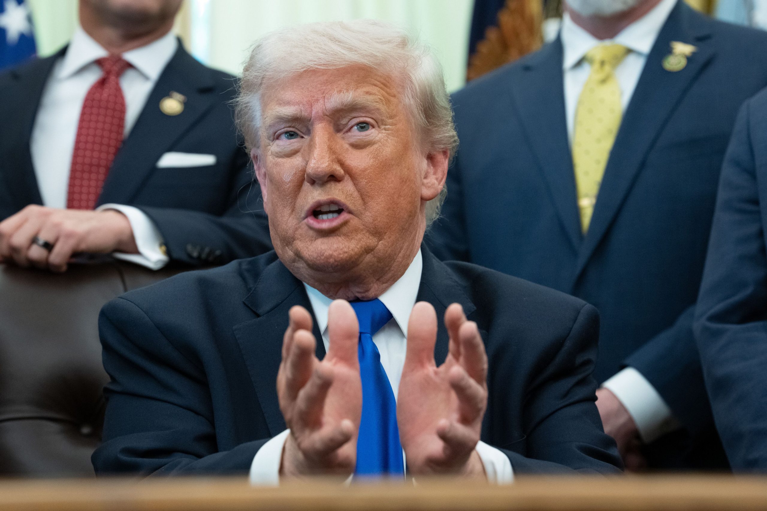 U.S. President Donald Trump holds a Q&A with reporters at the White House on the 30th. /UPI-Yonhap