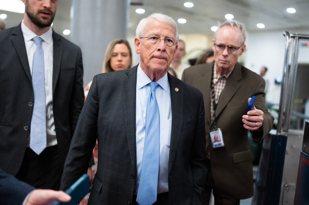 Senator Roger Wicker, a Mississippi Republican, talks with reporters in the U.S. Capitol after a Senate Armed Services Committee closed briefing on the Iran war on March 10. (Tom Williams/CQ Roll Call via AP Images)