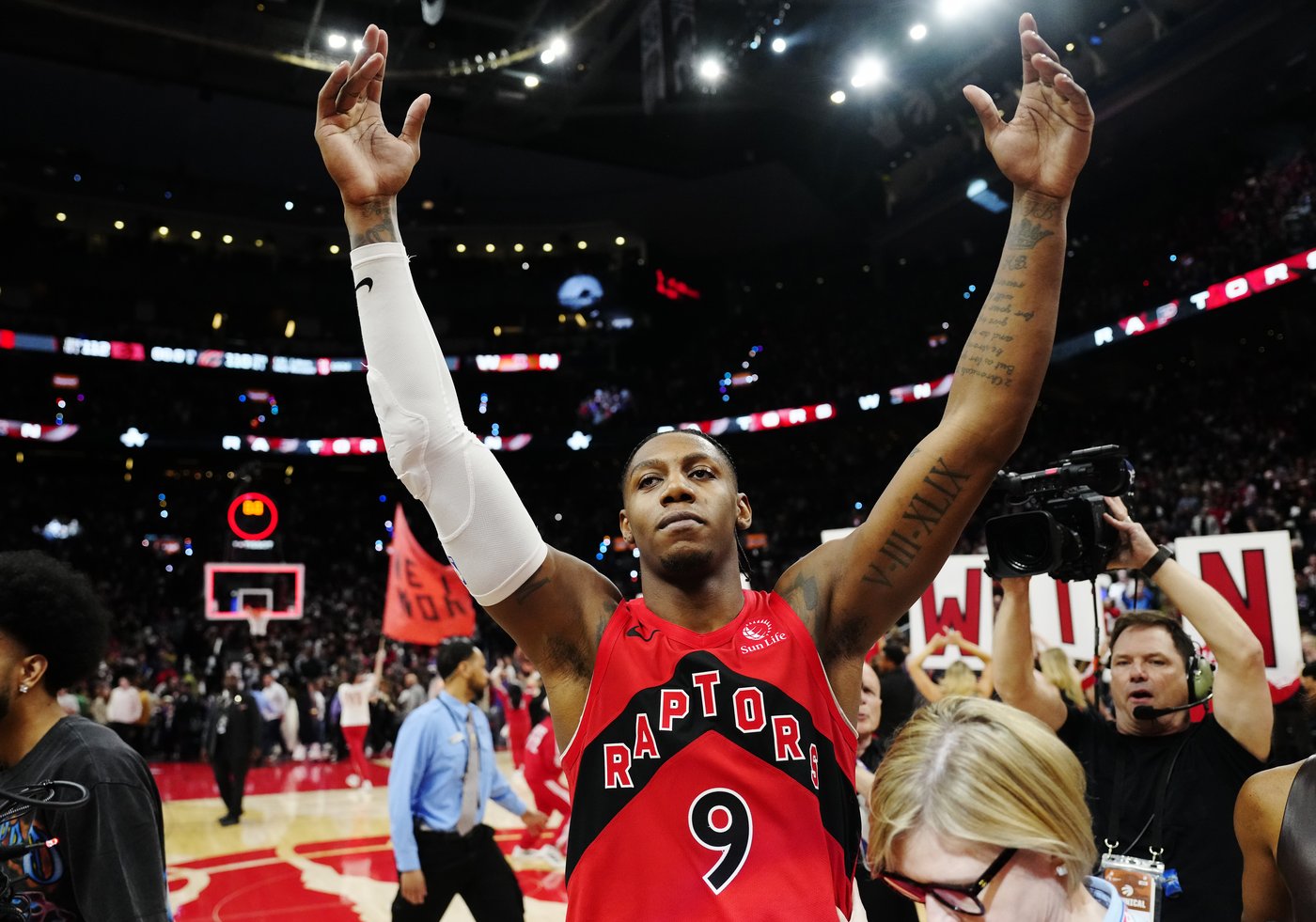Toronto Raptors' RJ Barrett (9) celebrates after defeating the Cleveland Cavaliers in overtime NBA playoff basketball action in Toronto on Friday, May 1, 2026. THE CANADIAN PRESS/Frank Gunn
