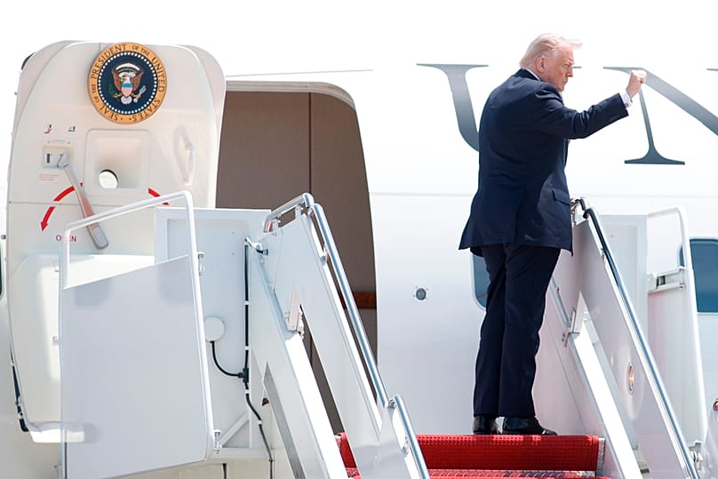 US President Donald Trump gestures as he boards Air Force One, Friday, May 1, 2026, at Joint Base Andrews, Maryland Luis M. Alvarez/Copyright 2026 The AP. All rights reserved.