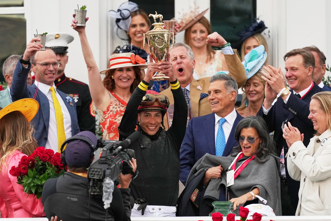 Jockey Jose L. Ortiz celebrates after riding Golden Tempo to victory the 152nd running of the Kentucky Derby horse race at Churchill Downs, Saturday, May 2, 2026, in Louisville, Ky. (AP Photo/Abbie Parr)
