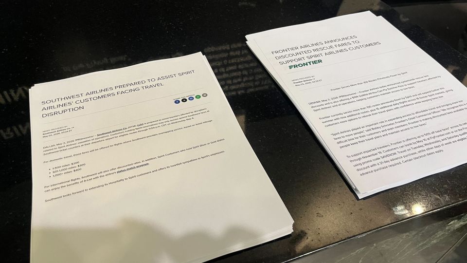 News releases from Southwest Airlines and Frontier Airlines are seen at LaGuardia Airport in New York City on Saturday, May 2, 2026. - Gloria Pazmino/CNN