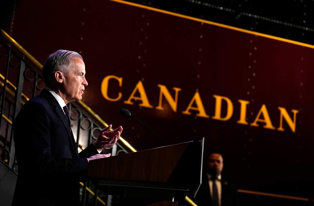Prime Minister Mark Carney makes an announcement on the Canada Strong Fund, Canada's first sovereign wealth fund, at the Canada Science and Technology Museum in Ottawa on Monday, April 27, 2026. THE CANADIAN PRESS/Justin Tang
