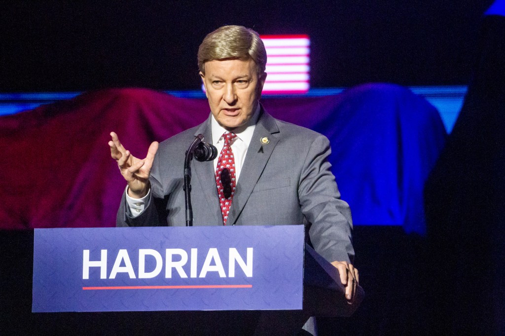 Representative Mike Rogers, an Alabama Republican, chairman of the House Armed Services Committee, speaks during a ribbon-cutting ceremony at the Hadrian submarine component facility at the Barton Riverfront Industrial Park in Barton, Alabama, on March 20. (Dan Busey/The TimesDaily via AP)