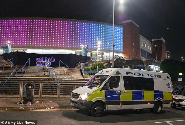 Police vans were parked outside the arena on Friday as a search was carried out, following the discovery of a 'suspicious bag'