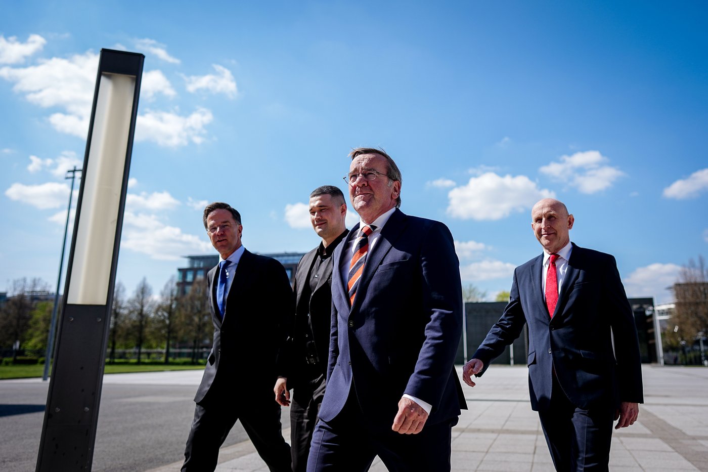 From left, Secretary General of NATO Mark Rutte, Ukraine's Minister of Defense Mykhailo Fedorov, Germany's Minister of Defense Boris Pistorius and Britain's Secretary of Defense John Healey meet at the Ukraine Contact Group meeting in front of the Federal Ministry of Defense in Berlin, Wednesday April 15, 2026. (Kay Nietfeld/dpa via AP)