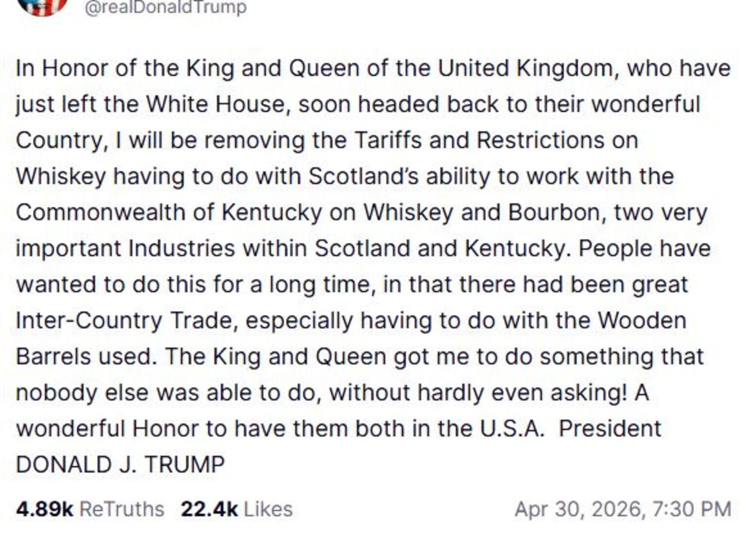 Donald Trump's Truth Social post announcing the change on policy for whiskey produced in the UK.