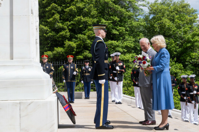 King Charles and Queen Camilla lay flowers at the tomb of the unknown solider commemorating the fallen and honouring the UK-US military partnership during their visit the Arlington National Cemetery.