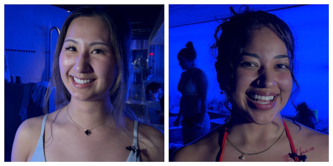 Kaili Hu, left, and Miriam Rodriguez enjoying a girls' night at a women-only sauna rave at PRML in Calgary. (Ina Sidhu/CBC)