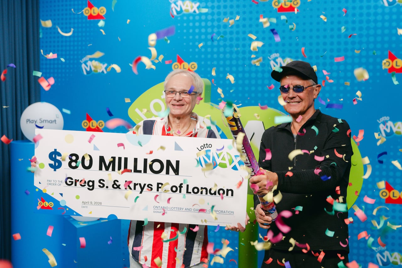 London, Ont., pals Greg S. and Krys P., left to right, won a record $80-million Lotto Max jackpot in April. (OLG)