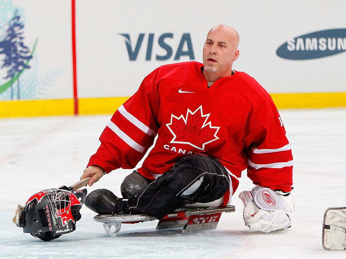 Canadian goalie Paul Rosen on the ice during the 2010 Vancouver Winter Paralympic Games. He competed in three Paralympic games, earning a gold medal in Torino, Italy, in 2006.