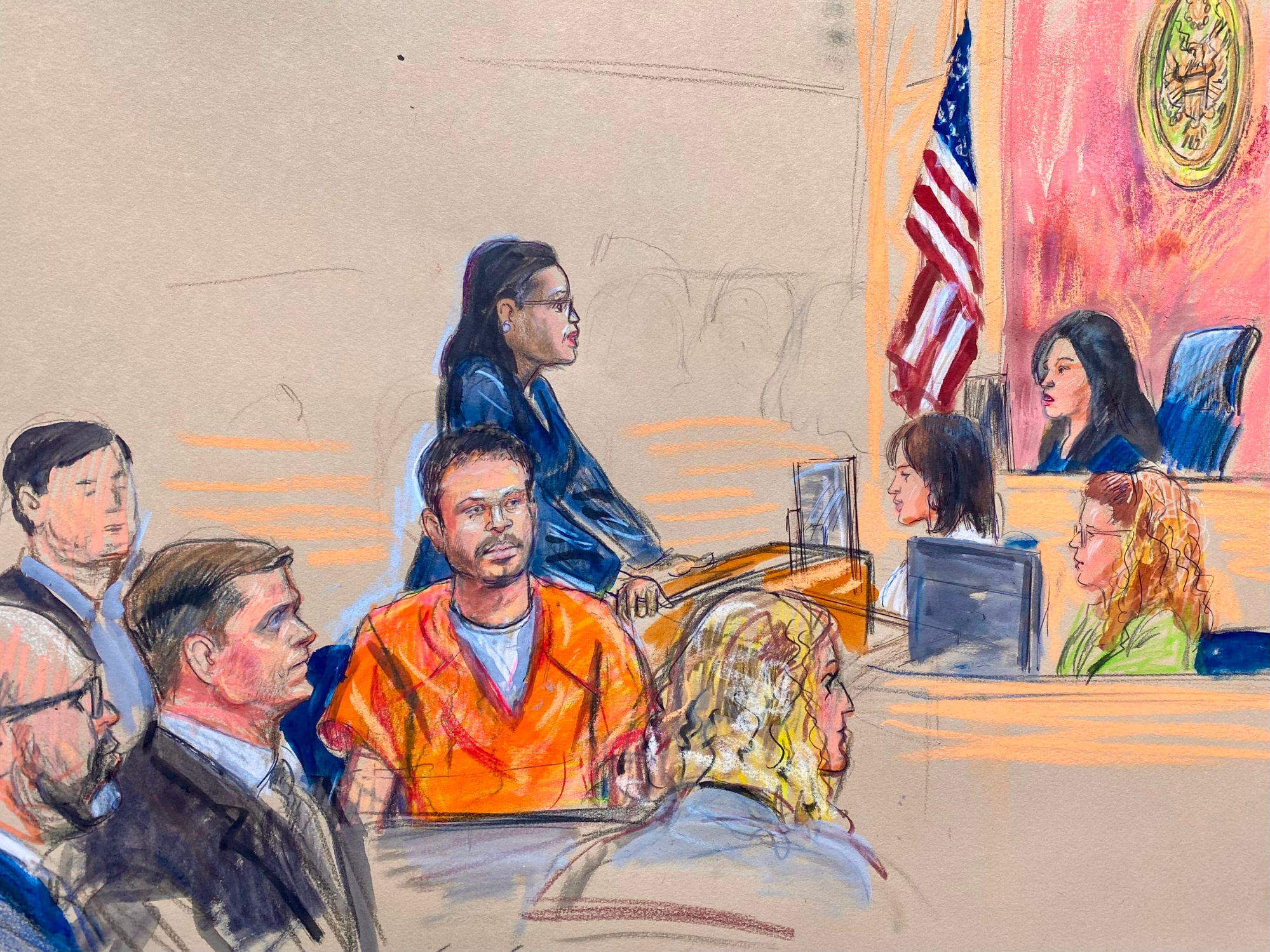 Cole Tomas Allen appears before US Magistrate Moxila Upadhyaya in Washington on Thursday. Courtroom sketch: Dana Verkouteren via AP