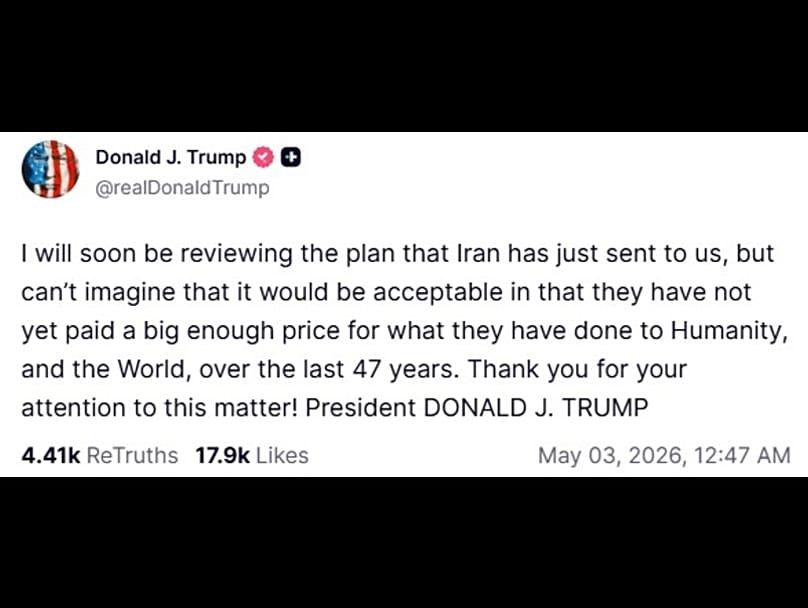 Screenshot of US President Donald Trump's latest post on Iran on Truth Social, May 2, 2026 @realDonaldTrump/TruthSocial