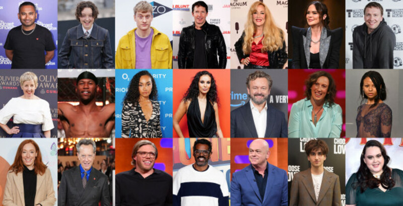 the 21 celebrities who have been confirmed for the upcoming series of Celebrity Traitors. top row l to r Amol Rajan Bella Ramsey James Acaster James Blunt Jerry Hall Joanne McNally and Joe Lycett middle row l to r Julie Hesmondhalgh King Kenny Leigh-Anne Pinnock Maya Jama Michael Sheen Miranda Hart and Myha la bottom row l to r Hannah Fry Richard E. Grant Rob Beckett Romesh Ranganathan Ross Kemp Sebastian Croft and Sharon Rooney.