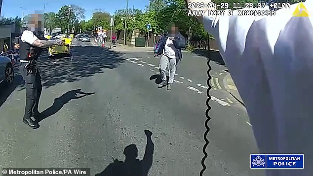 Bodycam footage of the horrifying incident in Golders Green shows the alleged terrorist walk towards officers while armed with a knife