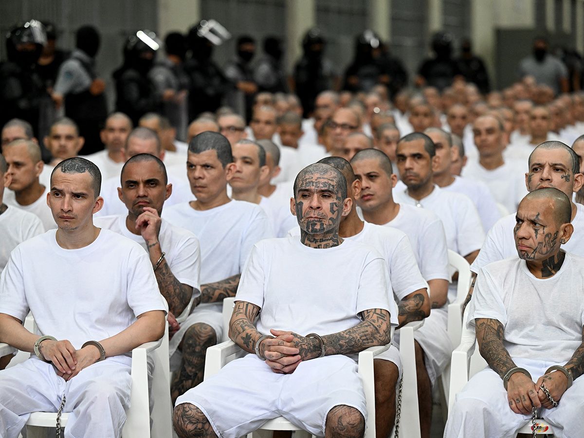 Alleged members of the Mara Salvatrucha (MS-13) gang attend a remote court hearing by videoconference in Tecoluca, El Salvador on April 23, 2026.