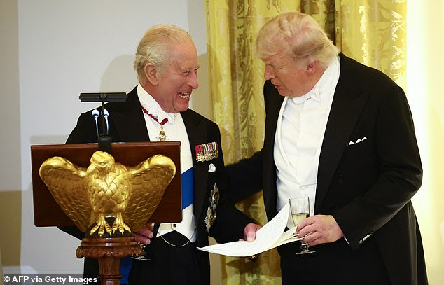 King Charles (left) turned on the charm at a state dinner with President Donald Trump (right) that was held after his congressional address, in which he touted the NATO alliance and asked Congress to help fund Ukraine