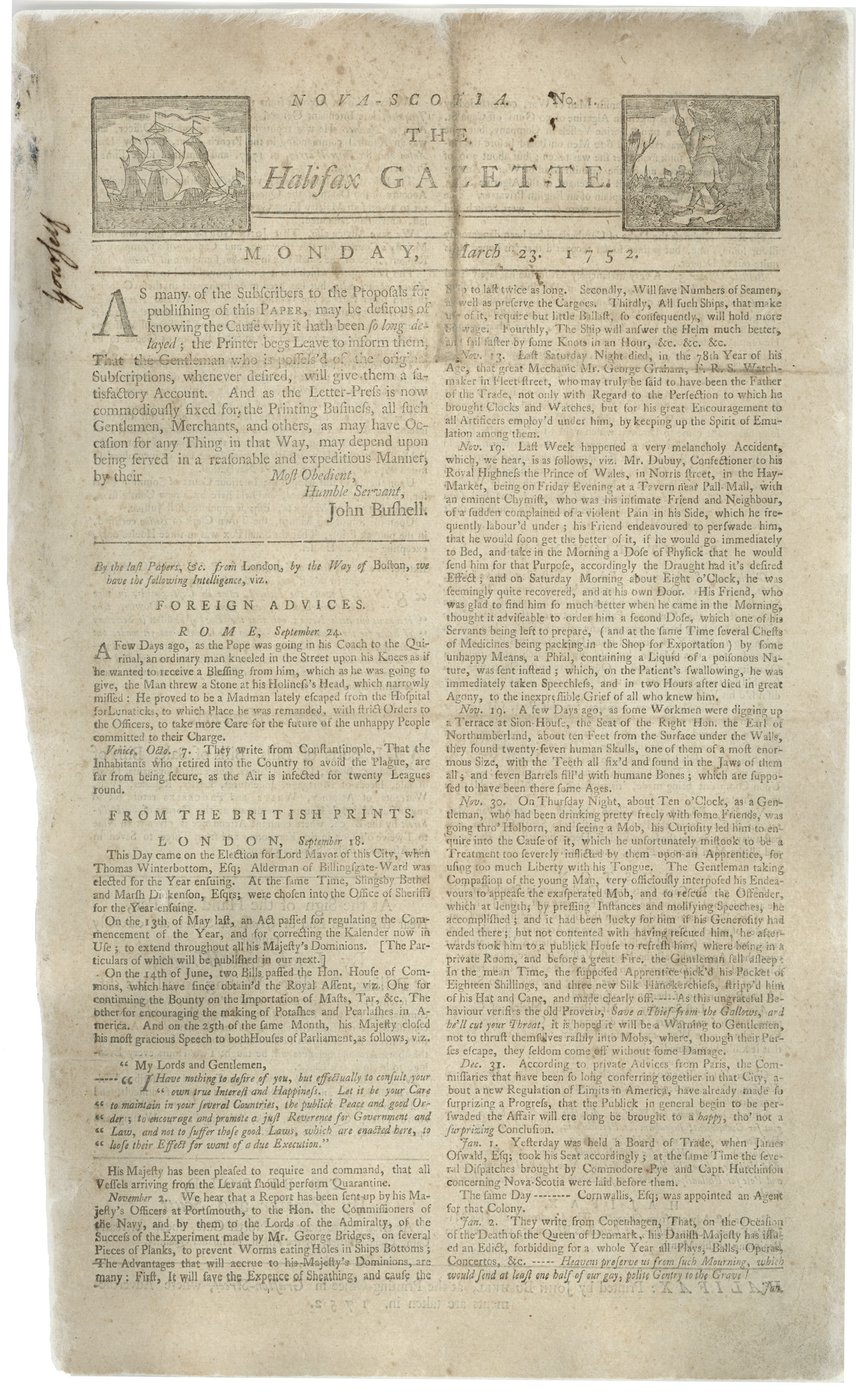 The Halifax Gazette No. 1, March 23, 1752, is shown in this handout photo. THE CANADIAN PRESS/Handout - Library and Archives Canada, nlc-2702. (Mandatory credit)