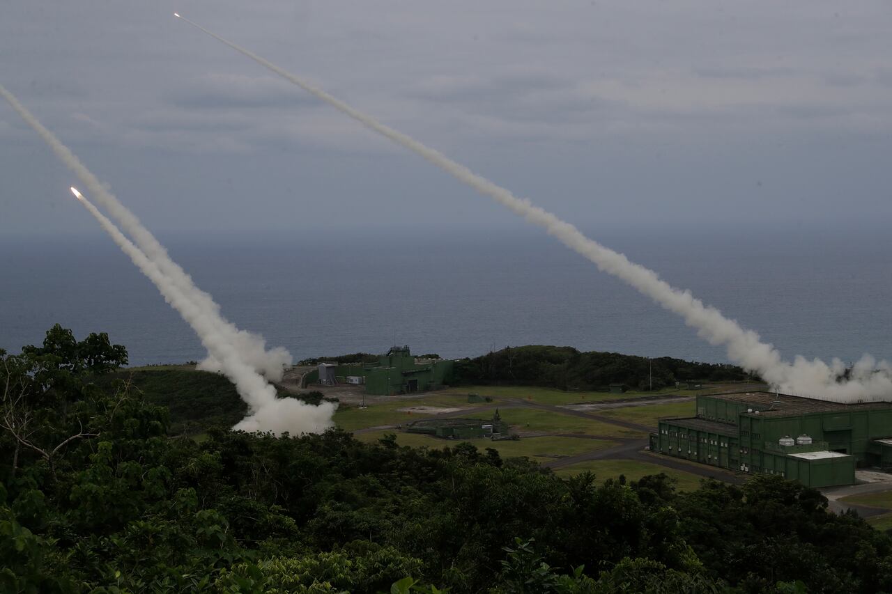 Rocket practice rounds are launched from an M142 High Mobility Artillery Rocket System (HIMARS) during a testing drill in Taiwan on May 12, 2025. (Chiang Ying-ying/The Associated Press)